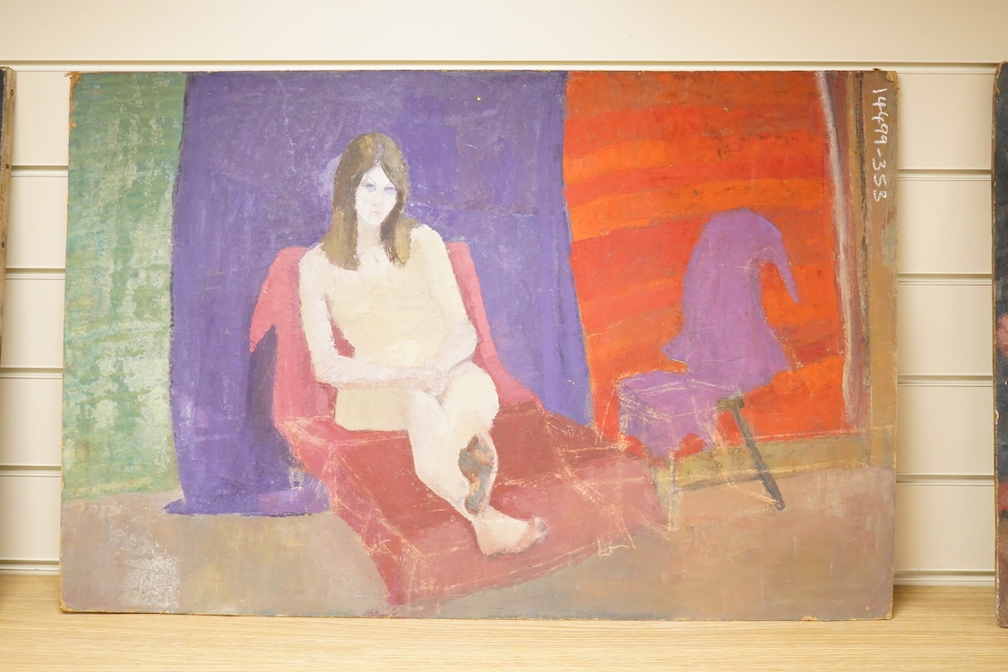 Modern British, portrait of a lady, nude study verso, oil on board, unframed, 40 x 77cm